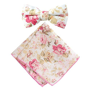 Boy's Cotton Floral Print Bow Tie and Pocket Square Set, Peach (Color F25)