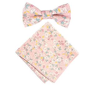 Boy's Cotton Floral Print Bow Tie and Pocket Square Set, Blush Pink (Color F60)