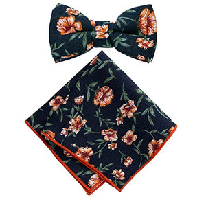 Boy's Cotton Floral Print Bow Tie and Pocket Square Set, Navy Orange (Color F35)