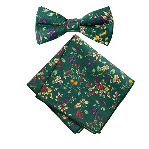 Boy's Cotton Floral Print Bow Tie and Pocket Square Set, Juniper (Color F51)