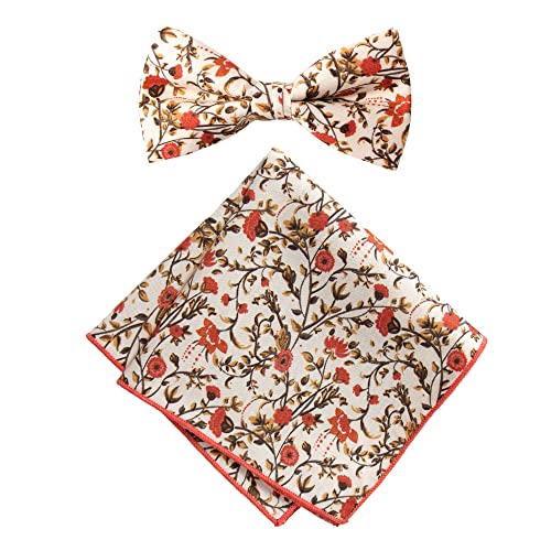 Men's Cotton Floral Bow Tie and Handkerchief Set, Sienna (Color F43)