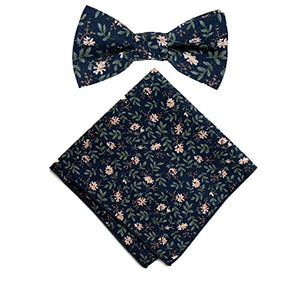 Boy's Cotton Floral Print Bow Tie and Pocket Square Set, Navy (Color F57)