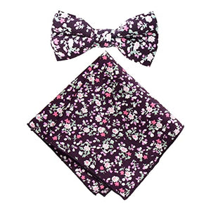 Boy's Cotton Floral Print Bow Tie and Pocket Square Set, Purple (Color F20)