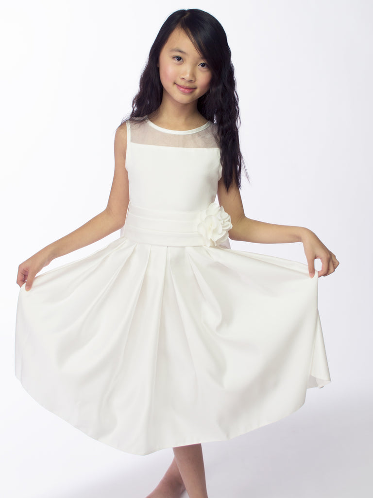 Girls' Sheer Neckline Red Satin Tea Length Flower Girl Dress