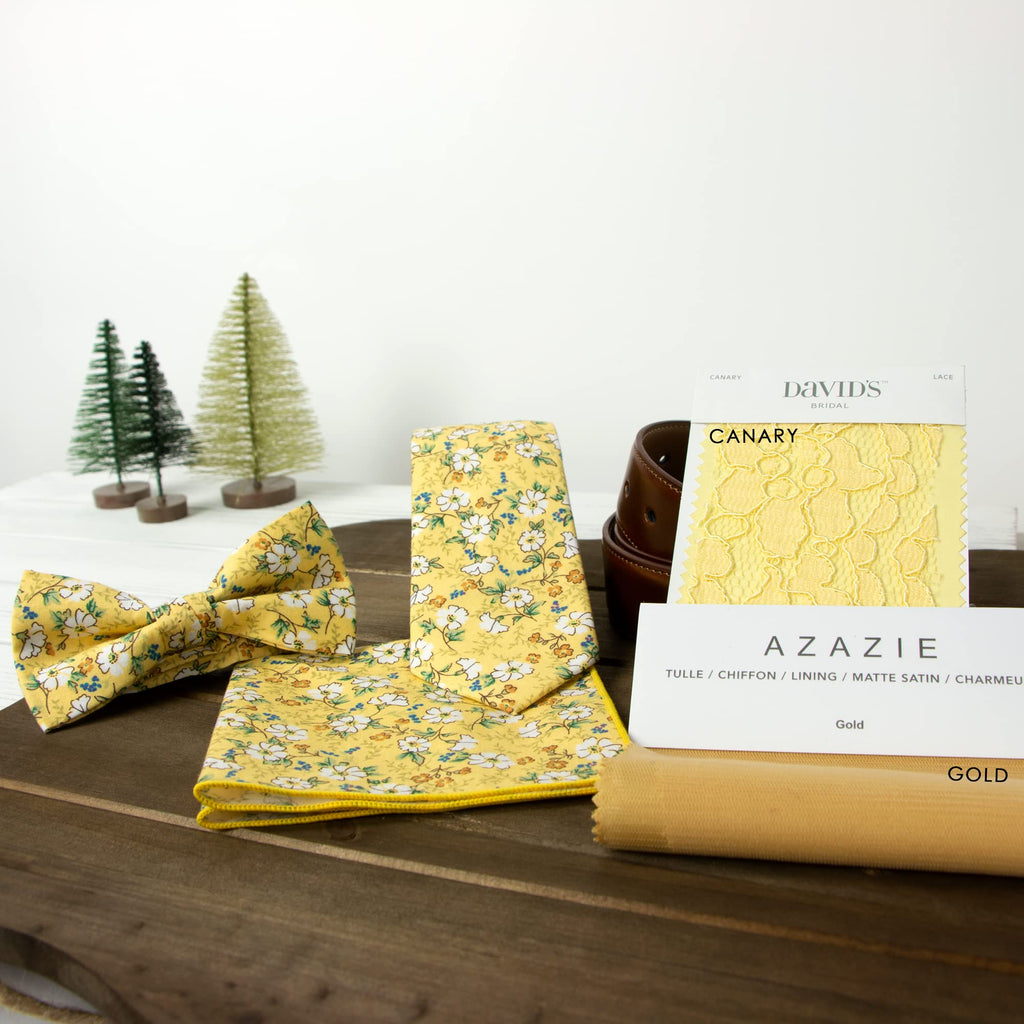Men's Cotton Floral Bow Tie and Handkerchief Set, Yellow (Color F61)