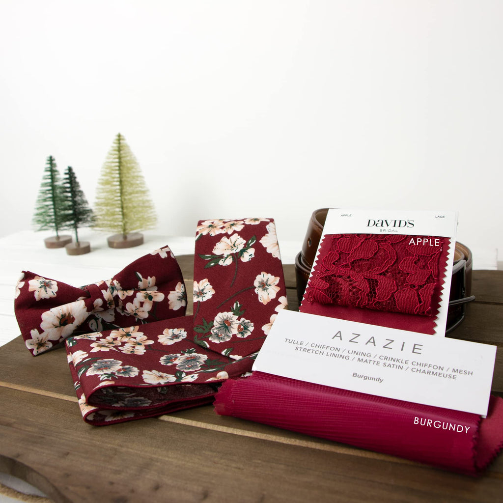 Boy's Cotton Floral Print Bow Tie and Pocket Square Set, Burgundy (Color F37)