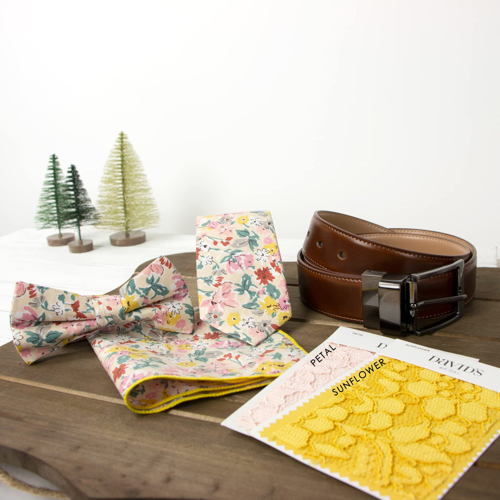 Boy's Cotton Floral Print Bow Tie and Pocket Square Set, Ivory (Color F33)