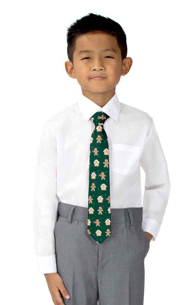Boys' Printed Christmas Theme Pre-Tied Zipper Tie, Gingerbread Man