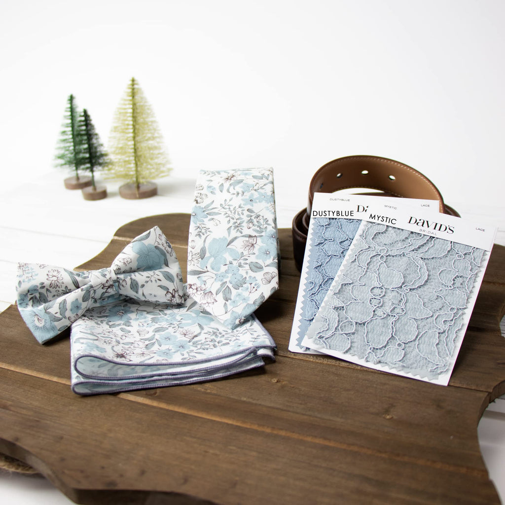 Men's Cotton Floral Bow Tie and Handkerchief Set, Dusty Blue (Color F48)