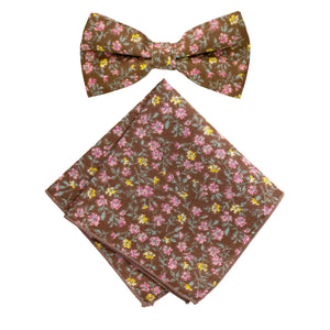 Men's Cotton Floral Bow Tie and Handkerchief Set, Brown (Color F39)