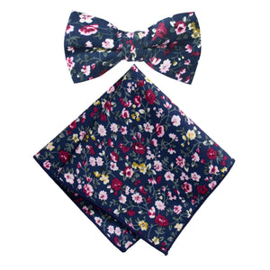 Boy's Cotton Floral Print Bow Tie and Pocket Square Set, Navy (Color F23)