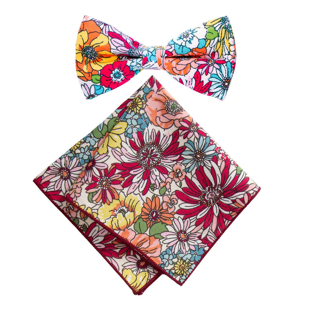 Men's Cotton Floral Bow Tie and Handkerchief Set, Blue Red (Color F30)