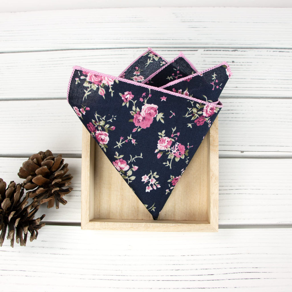 Boy's Cotton Floral Print Bow Tie and Pocket Square Set, Navy Pink (Color F38)
