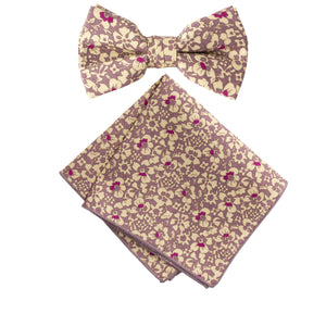 Boy's Cotton Floral Print Bow Tie and Pocket Square Set, Rose Gold (Color F55)