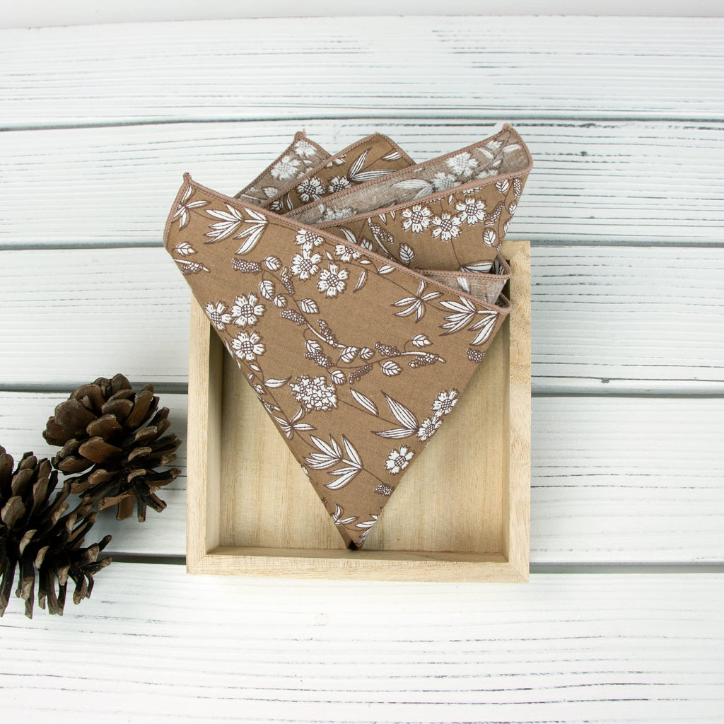 Men's Cotton Floral Bow Tie and Handkerchief Set, Brown (Color F65)