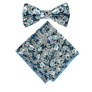 Boy's Cotton Floral Print Bow Tie and Pocket Square Set, Blue (Color F58)