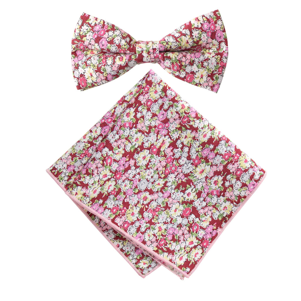 Men's Cotton Floral Bow Tie and Handkerchief Set, Cinnamon (Color F46)