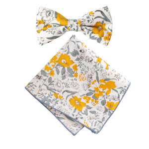 Boy's Cotton Floral Print Bow Tie and Pocket Square Set, Marigold (Color F49)