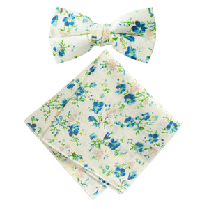 Boy's Cotton Floral Print Bow Tie and Pocket Square Set, Blue (Color F26)