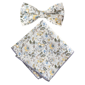 Boy's Cotton Floral Print Bow Tie and Pocket Square Set, Gold Metallic (Color F44)