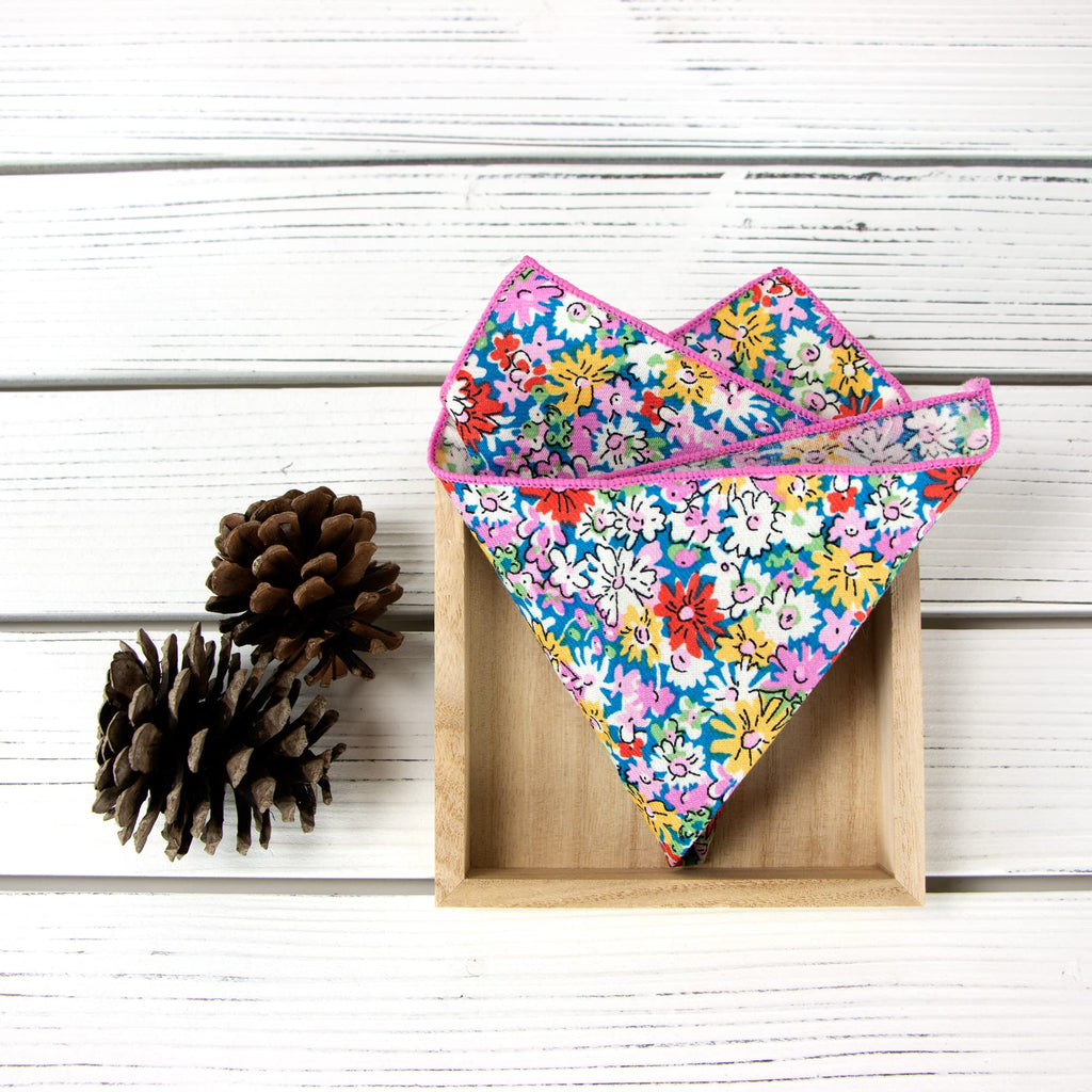 Men's Cotton Floral Bow Tie and Handkerchief Set, Blue Yellow (Color F70)