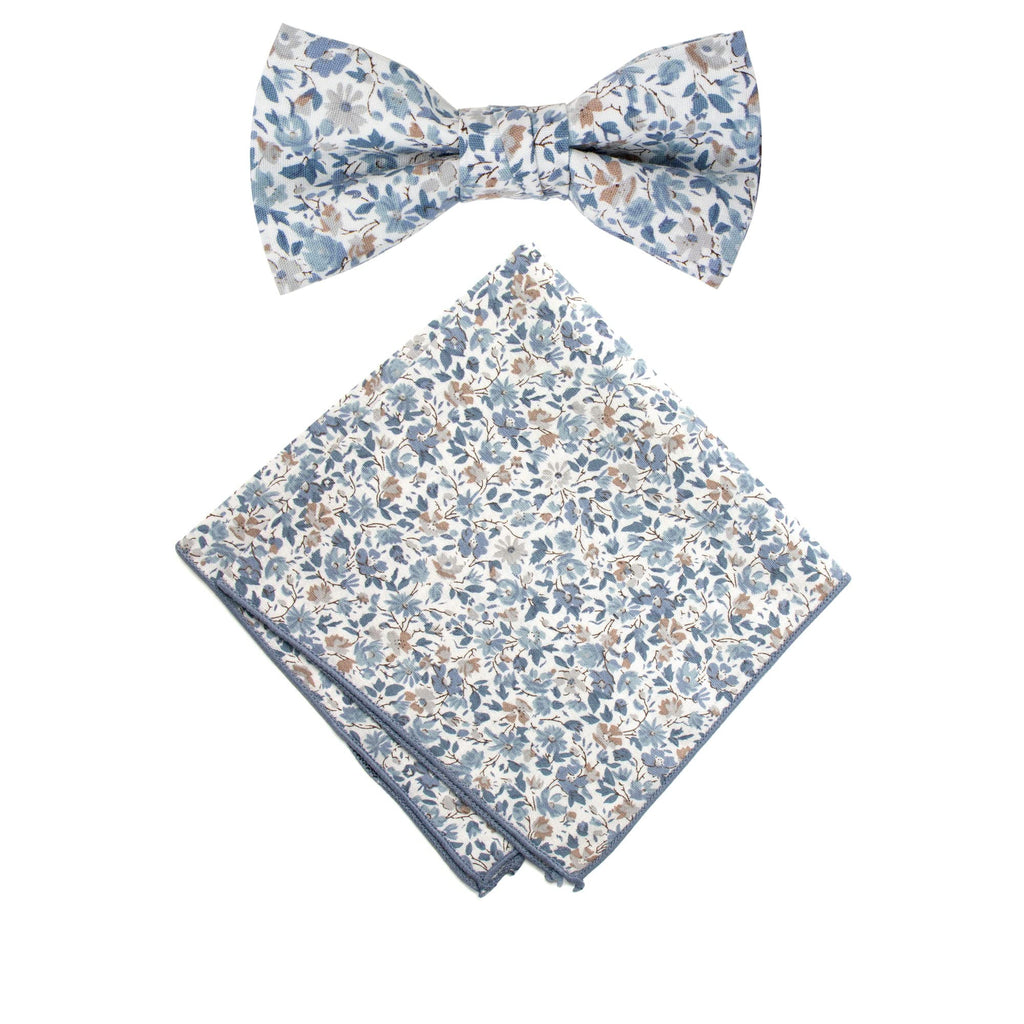 Boy's Cotton Floral Print Bow Tie and Pocket Square Set, Steel Blue (Color F67)