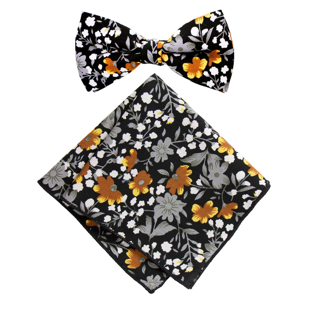 Men's Cotton Floral Bow Tie and Handkerchief Set, Black Mustard (Color F41)