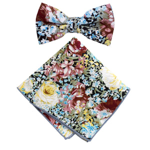 Boy's Cotton Floral Print Bow Tie and Pocket Square Set, Black Mauve (Color F36)