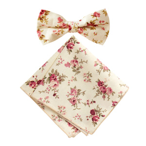 Men's Cotton Floral Bow Tie and Handkerchief Set, Yellow (Color F15)