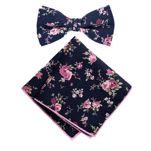 Men's Cotton Floral Bow Tie and Handkerchief Set, Navy Pink (Color F38)