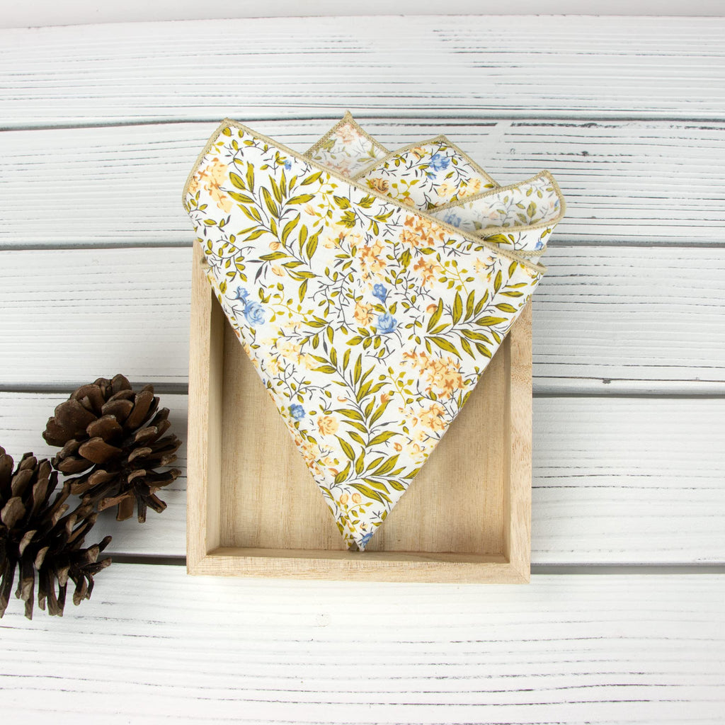 Boy's Cotton Floral Print Bow Tie and Pocket Square Set, Yellow Blue (Color F63)
