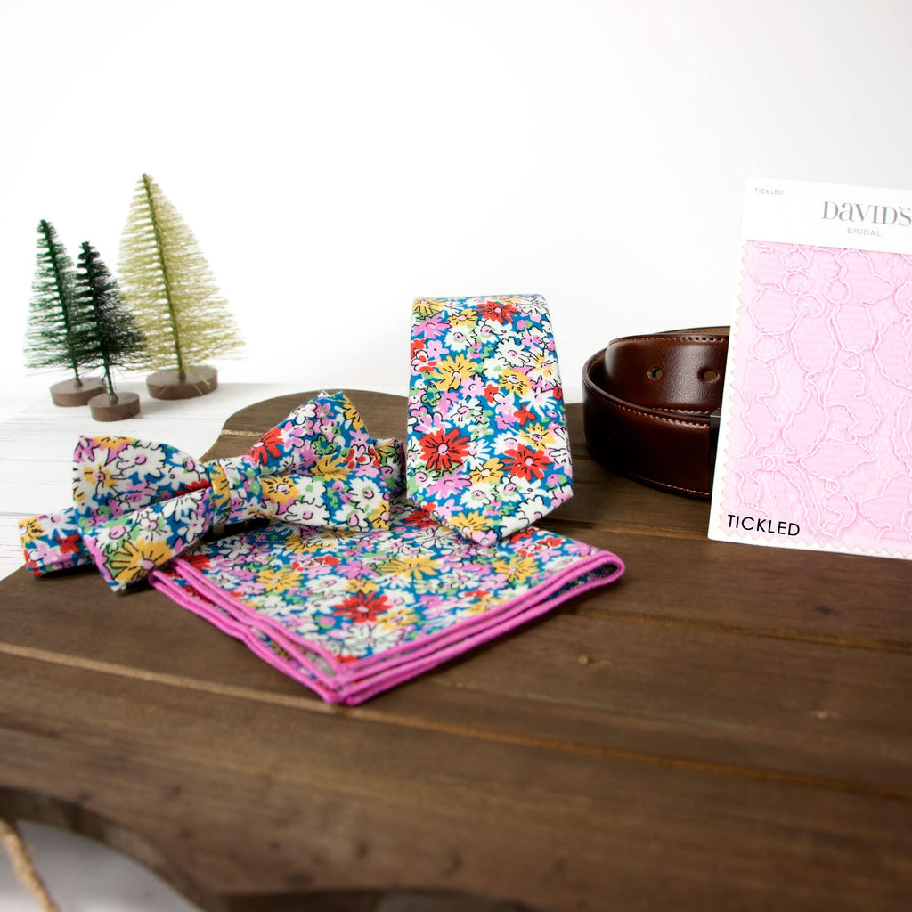 Men's Cotton Floral Bow Tie and Handkerchief Set, Blue Yellow (Color F70)