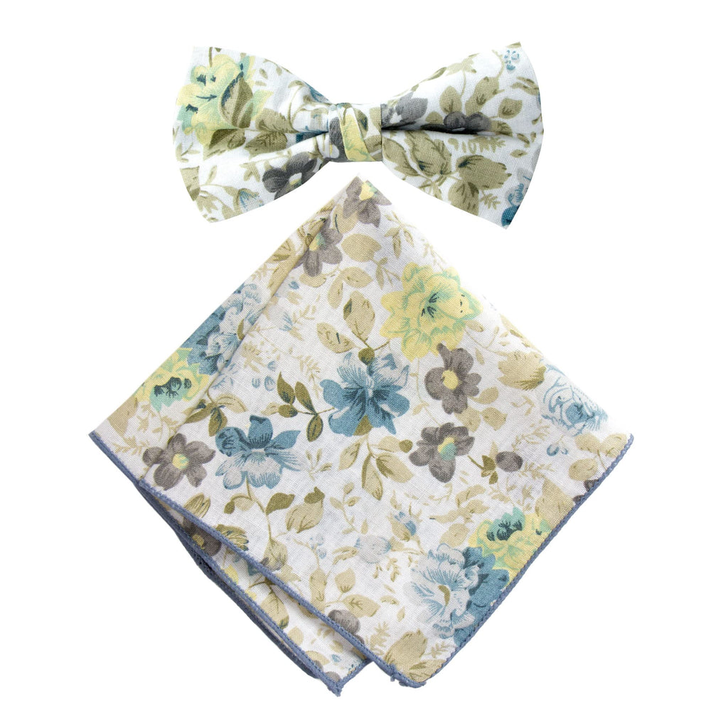 Men's Cotton Floral Bow Tie and Handkerchief Set, Yellow (Color F24)
