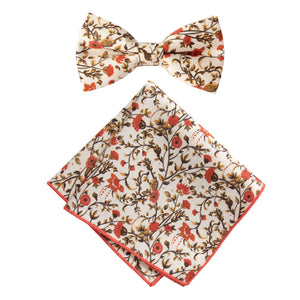 Boy's Cotton Floral Print Bow Tie and Pocket Square Set, Sienna (Color F43)