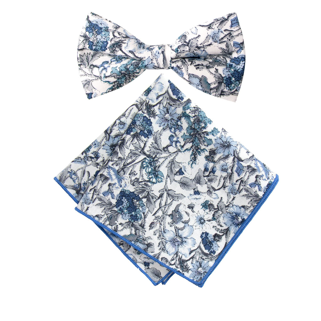 Men's Cotton Floral Bow Tie and Handkerchief Set, Steel Blue (Color F54)