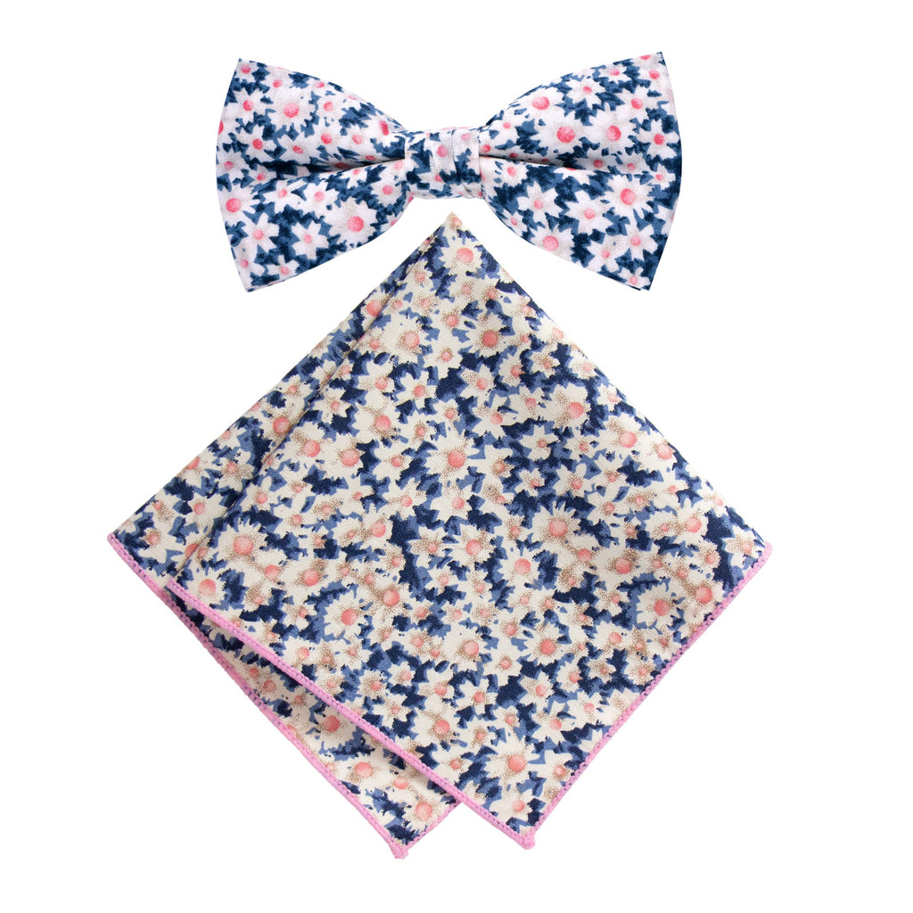 Men's Cotton Floral Bow Tie and Handkerchief Set, Blue Pink (Color F28)