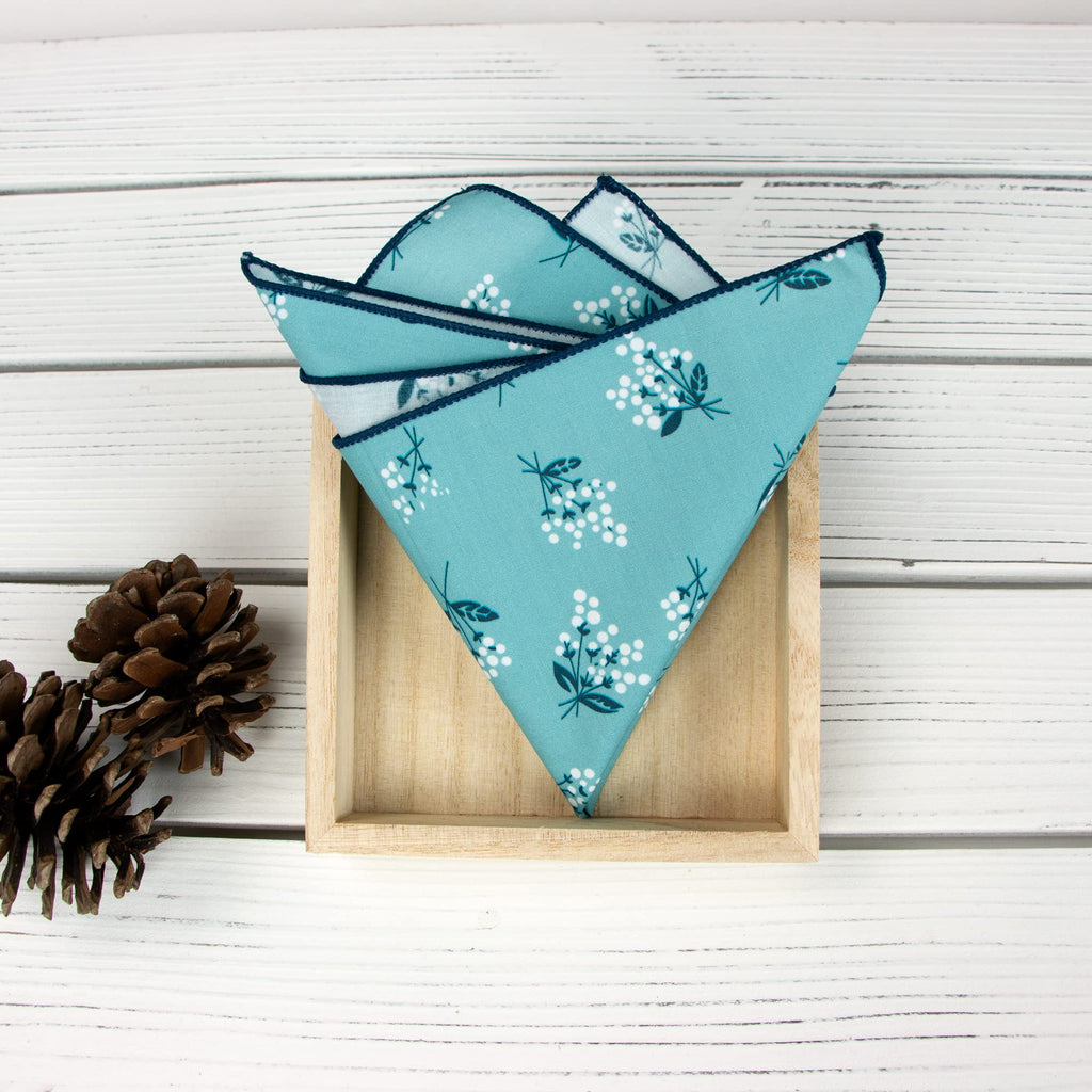 Men's Cotton Floral Bow Tie and Handkerchief Set, Light Blue (Color F14)