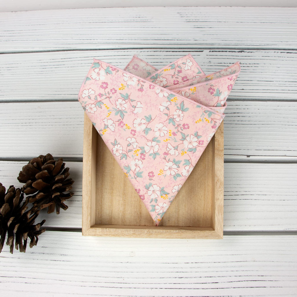 Men's Cotton Floral Bow Tie and Handkerchief Set, Blush Pink (Color F60)