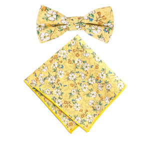 Boy's Cotton Floral Print Bow Tie and Pocket Square Set, Yellow (Color F61)