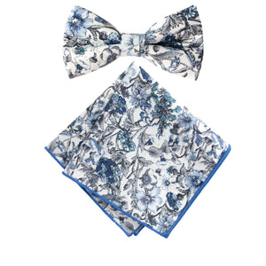 Boy's Cotton Floral Print Bow Tie and Pocket Square Set, Steel Blue (Color F54)