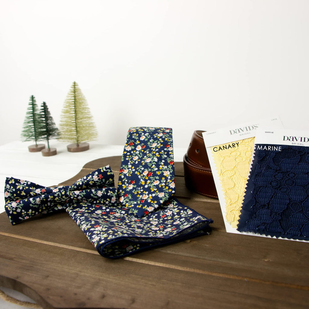 Boy's Cotton Floral Print Bow Tie and Pocket Square Set, Navy (Color F21)