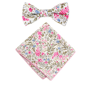 Boy's Cotton Floral Print Bow Tie and Pocket Square Set, Blue Pink (Color F64)