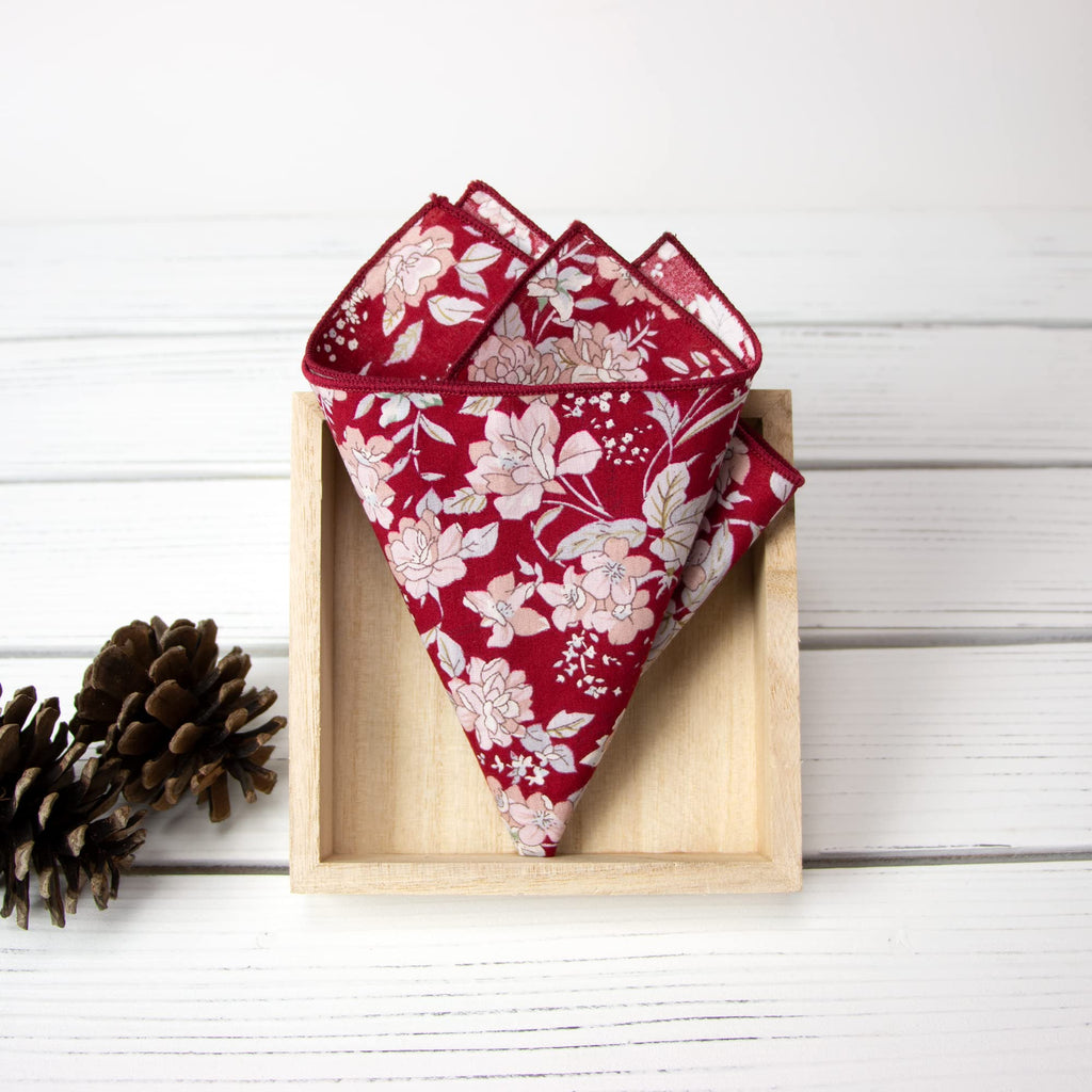 Boy's Cotton Floral Print Bow Tie and Pocket Square Set, Apple Red (Color F45)