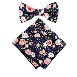 Boy's Cotton Floral Print Bow Tie and Pocket Square Set, Navy Blush Pink (Color F59)