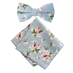 Boy's Cotton Floral Print Bow Tie and Pocket Square Set, Light Blue (Color F19)