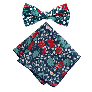 Men's Cotton Floral Bow Tie and Handkerchief Set, Blue Red (Color F42)