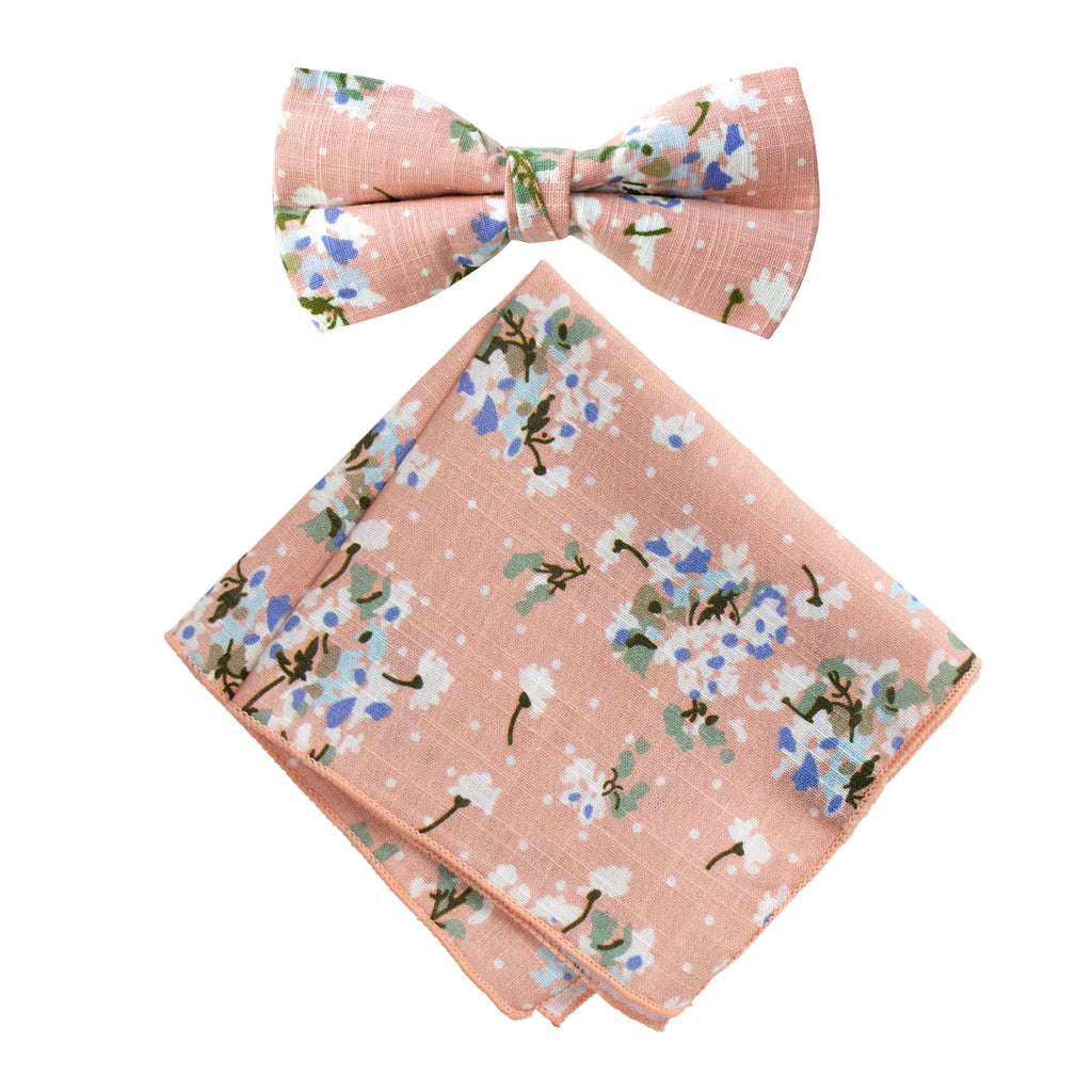 Men's Cotton Floral Bow Tie and Handkerchief Set, Light Pink (Color F18)