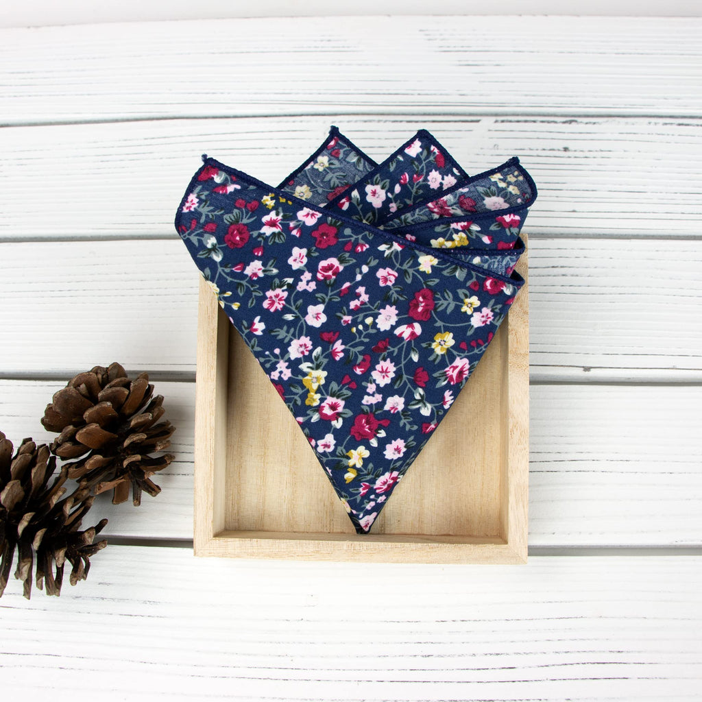 Boy's Cotton Floral Print Bow Tie and Pocket Square Set, Navy (Color F23)