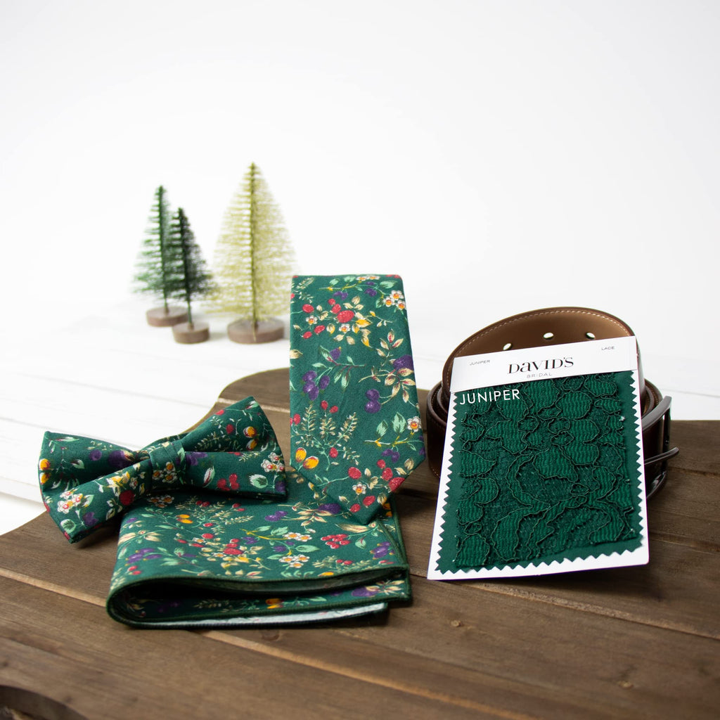 Men's Cotton Floral Bow Tie and Handkerchief Set, Juniper (Color F51)