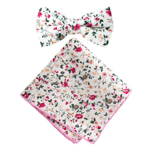 Boy's Cotton Floral Print Bow Tie and Pocket Square Set, White (Color F22)